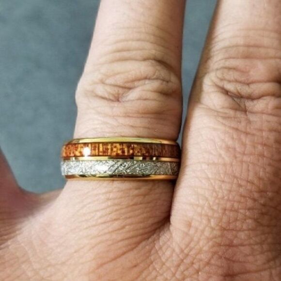 Men's Gold Meteor and Koa Wood Tungsten Wedding Ring - Wedding Ring For Him - Picture 2 of 7